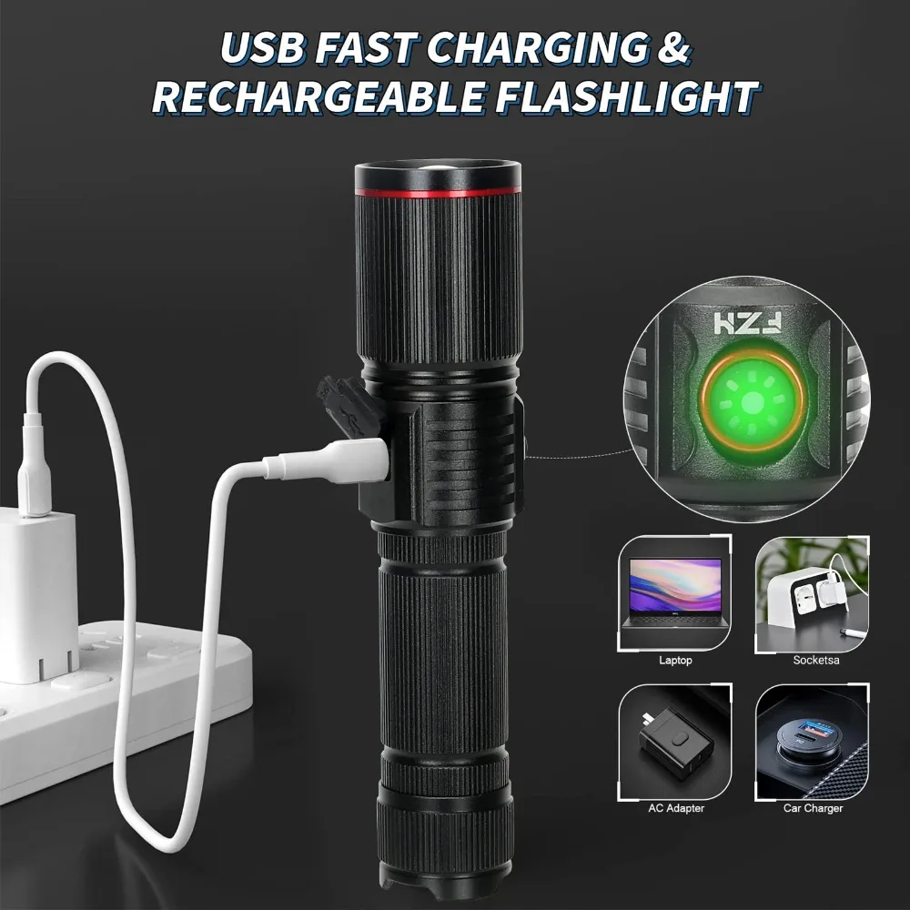 강력한 LED 손전등 타입 C 충전식 줌 토치 라이트  - Energy Monitor Meter 리뷰 및 가격